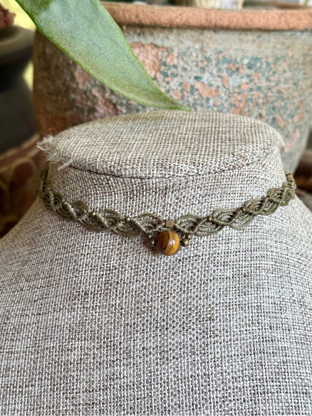 Handmade boho tiger’s eye micro macrame choker